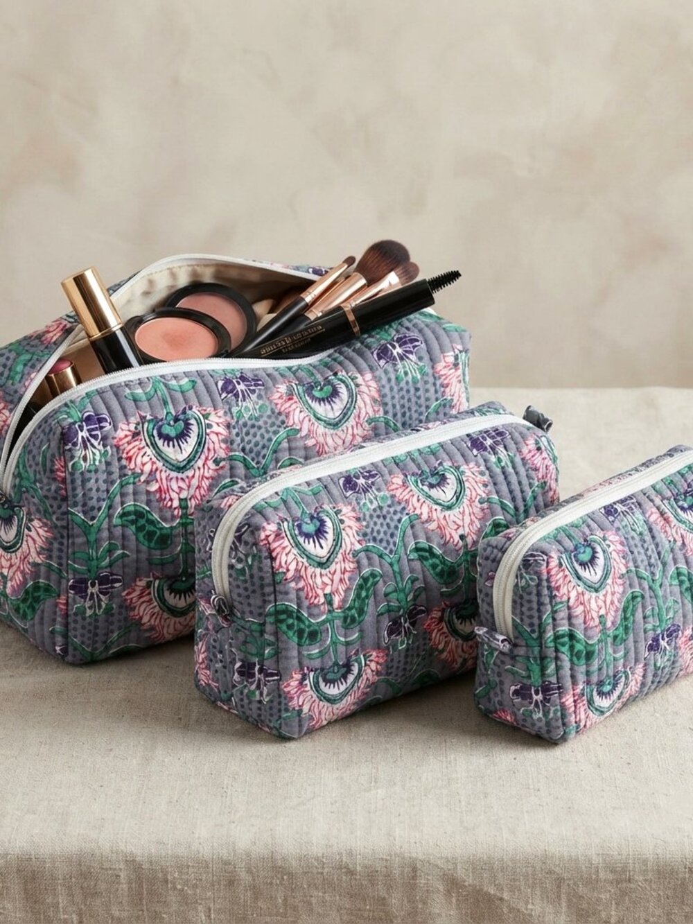 Set Of 3 Block Print Toiletry Bags, Cotton Makeup Bag, Cosmetic Bag Set Gift